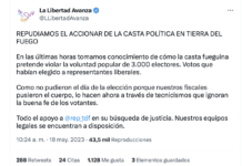 El Partido Libertario nacional repudia “el accionar de la casta política en Tierra del Fuego”