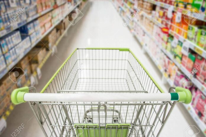 45490304-supermarket-interior-empty-green-shopping-cart